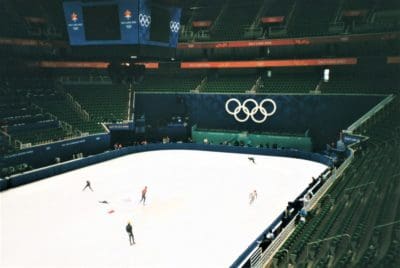 Short track speed skaters practicing during 2002 Winter Olympic Games in Salt Lake City, Utah. Salt Lake Ice Center