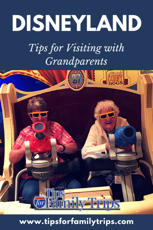 Image with photo and text. Photo of grandma and great-grandma on Toy Story Mania! at Disneyland. Text: Disneyland - Tips for visiting with grandparents