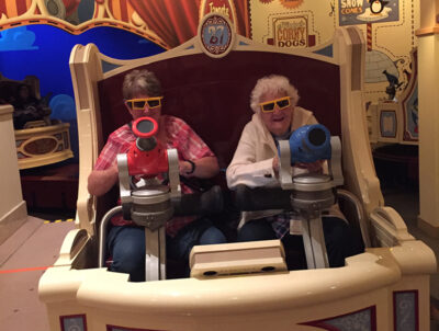 Grandma and Great-Grandma on Toy Story Mania! ride at Disneyland