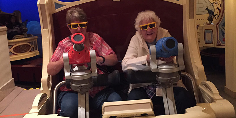 Grandma and Great-Grandma on Toy Story Mania! ride at Disneyland