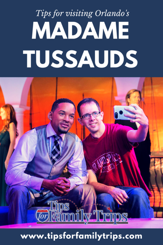 Tips for visiting Madame Tussauds Orlando image with text. Photo of visitor selfie with Will Smith.