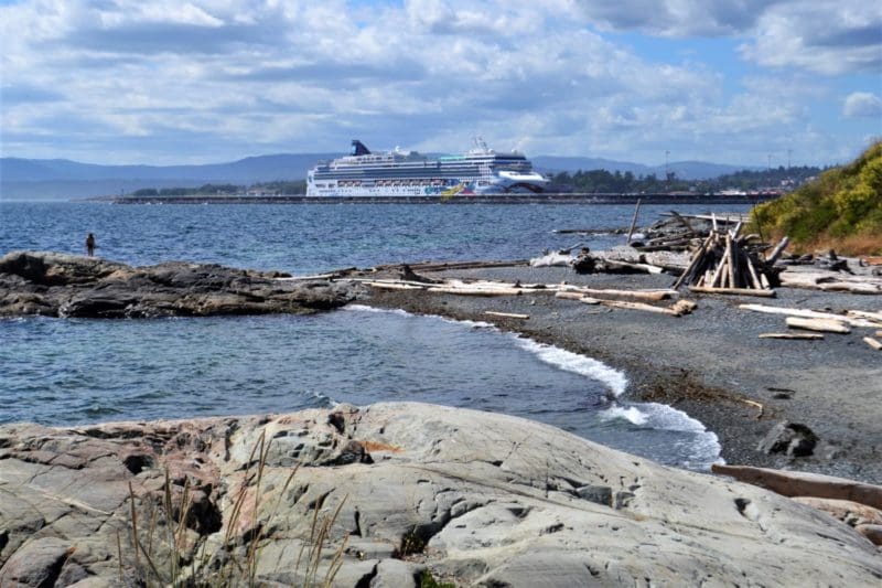 Beach and view of cruise ship in Beacon Hill Park, Victoria, British Columbia