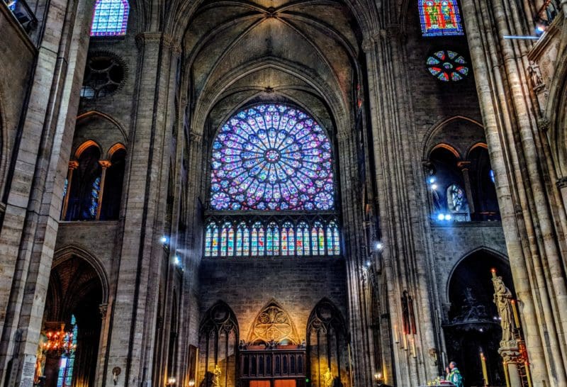 Notre Dame Cathedral Interior, rose window, June 2018