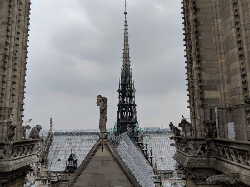 Notre Dame Cathedral - spire and gargoyles, from the towers, June 2018