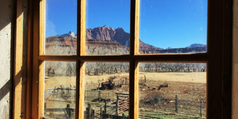 scenic view through window at Grafton ghost town near Zion National Park in Utah