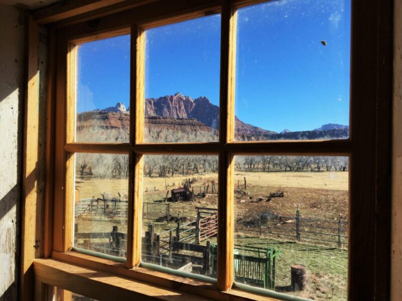 scenic view through window at Grafton ghost town near Zion National Park in Utah