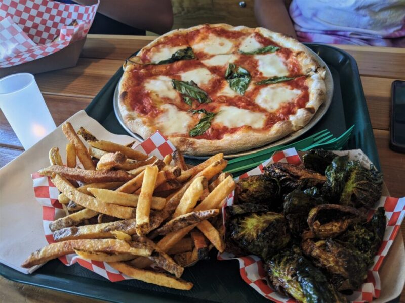 pizza, fries and fried brussels sprouts at Kerouac's in Baker, Nevada, near Great Basin National Park